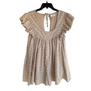 Storia Tan Floral Ruffle Sleeve Loose Fit Romper With Pockets - Size L